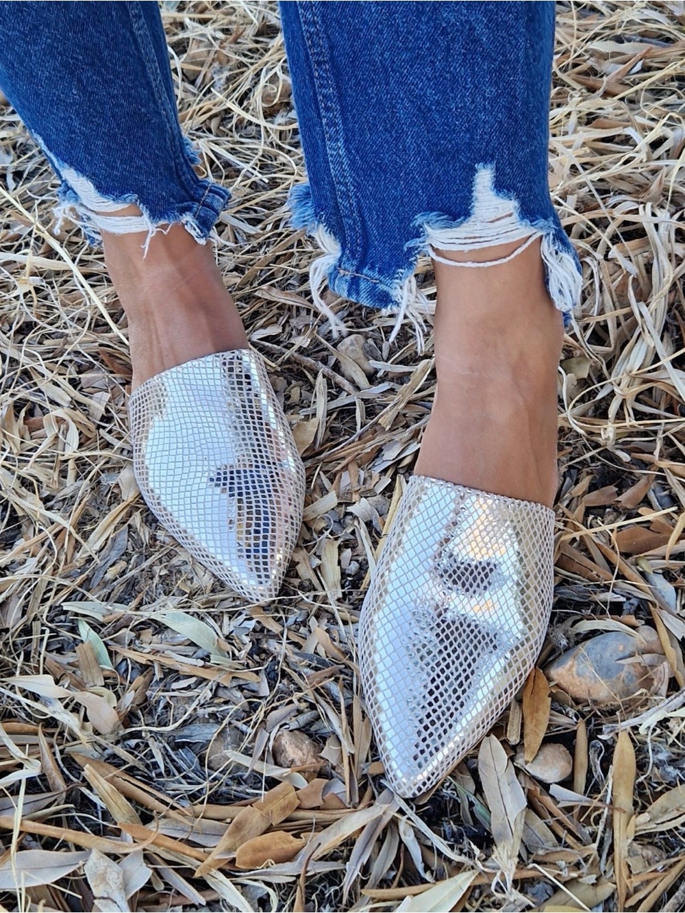 Silver Pointed Toe Slip-On Mules - Women